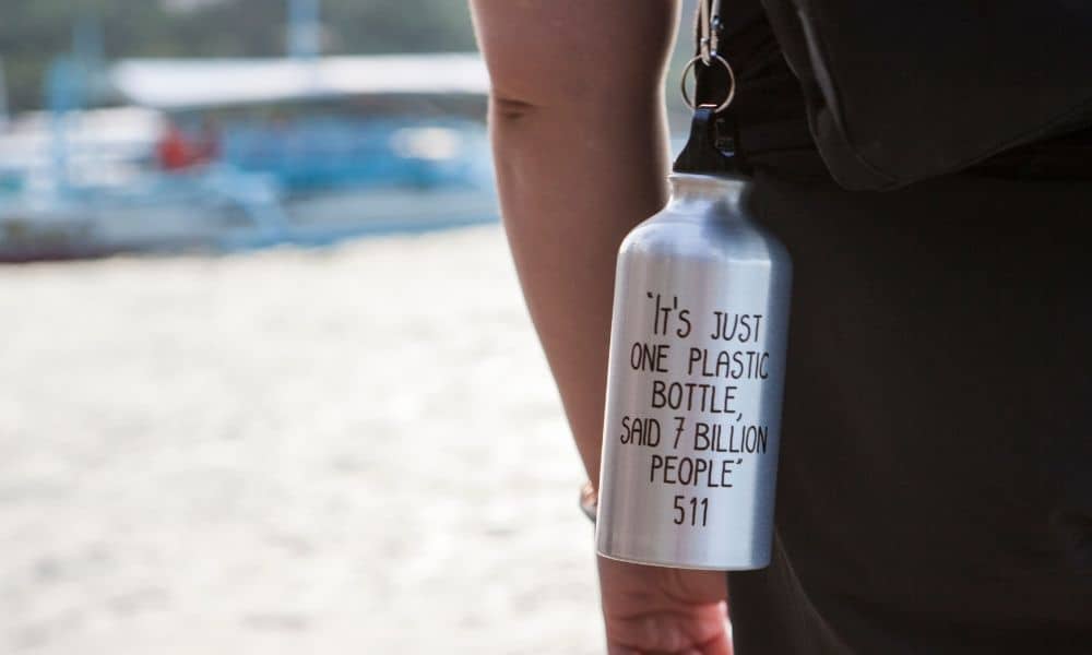 Reusable water bottle with text