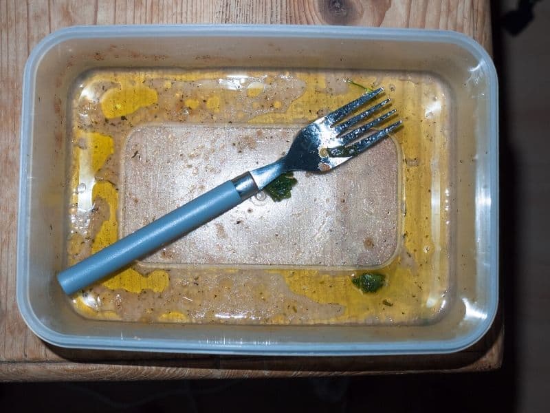 dirty tupperware and fork empty unclean