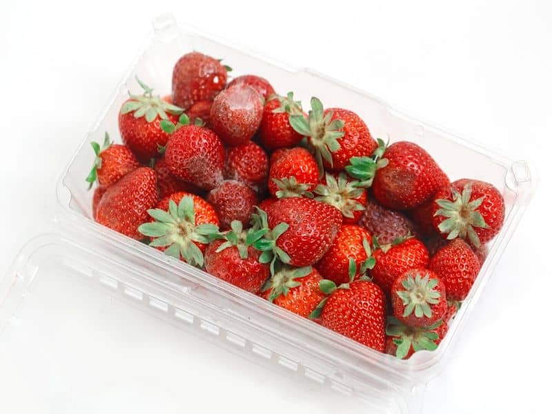 spoiled strawberry in the plastic container